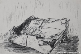 Stilleben, Paket an Theda Eggers, 1965, 32x22 cm, Kohlezeichnung, Nachlass Arthur Eden (WV-Nr. 217)