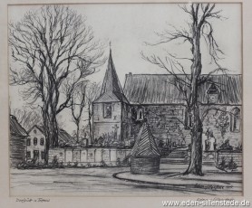 Tettens, Dorfpütt, 1957, 34x28 cm, Kohlezeichnung, Privatbesitz (WV-Nr. 910)