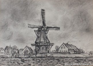 Tettens, Mühle, 1950, 32x23 cm, Kohlezeichnung, Privatbesitz (WV-Nr. 1482)