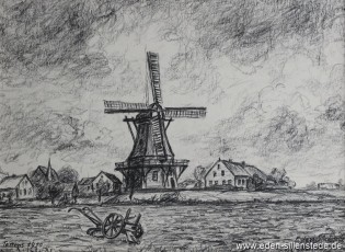 Tettens, Mühle, 1950, 36x27 cm, Kohlezeichnung, Privatbesitz (WV-Nr. 1317)