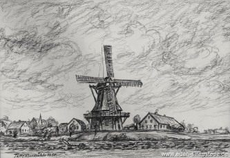 Tettens, Mühle, 1950, 37x26 cm, Kohlezeichnung, Besitz Landkreis Friesland (WV-Nr. 565)