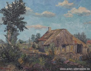 Unbekannter Ort, Alte Bauernkate, um 1960, 41x32 cm, Öl auf Karton, Privatbesitz (WV-Nr. 537)