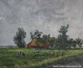 Unbekannter Ort, Gehöft mit Kühen, 1960er, 54x44 cm, Öl auf Leinwand, Besitz Schlossmuseum Jever (WV-Nr. 710)