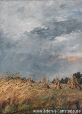 Unbekannter Ort, Getreidehocken, 1940-50er, 52,4x72,2 cm, Öl auf Leinwand, Privatbesitz (WV-Nr. 1331)