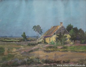 Unbekannter Ort, Kate im Moorland, 1940er, 35,5x28 cm, Tempera, Privatbesitz (WV-Nr. 476)