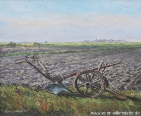 Unbekannter Ort, Räderpflug, um 1966, 56x46,5 cm, Öl auf Leinwand, Privatbesitz (WV-Nr. 1248)