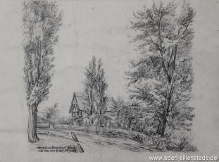 Unbekannter Ort, Wohnhaus Bierbrauer König, 1940-50er, 32x24 cm, Bleistiftzeichnung, Nachlass Arthur Eden (WV-Nr. 188)