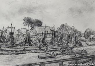 Westeraccumersiel, Hafen, 1960er, 28x20cm, Kohlezeichnung, Privatbesitz (WV-Nr. 1099)