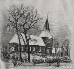 Wilhelmshaven, Kirche Neuende, 1950-60er, 26x28 cm, Kohlezeichnung, Privatbesitz (WV-Nr. 674)