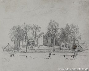 Wittmund, Kirche in Eggelingen, 1930-50er, 28x22 cm, Bleistiftzeichnung, Nachlass Arthur Eden (WV-Nr. 308)
