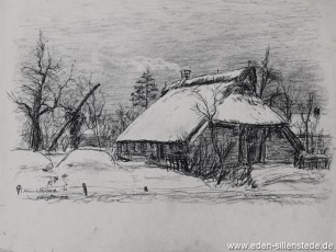 Zetel, Haus in Blauhand, 1960er, 39,5x29,5 cm, Kohlezeichnung, Nachlass Arthur Eden (WV-Nr. 214)