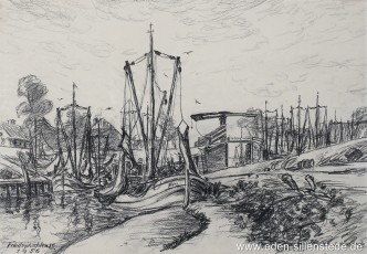 Carolinensiel, Friedrichsschleuse 1956, 1950-60er, 38x27,5 cm, Kohlezeichnung, Privatbesitz (WV-Nr. 1529)