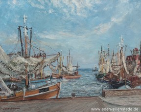 Neuharlingersiel, Blick auf den Hafen, um 1970, 72,5x58,5 cm, Öl auf Leinwand, Privatbesitz (WV-Nr. 1535)