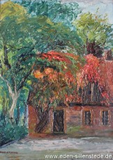 Jever, Stadt, Wangerstraße, Hinter dem Haus No. 13, 1930er, 28x38 cm, Öl auf Leinwand, Privatbesitz (WV-Nr. 1563)