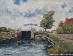 Carolinensiel, Friedrichsschleuse mit Brücke, 1955, 74,5x56,5 cm, Öl auf Leinwand, Privatbesitz (WV-Nr. 1478)