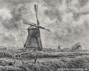 Aurich, Mühle Riepsterhammrich, 1950er, 26x21 cm, Kohlezeichnung, Privatbesitz (WV-Nr. 1599)