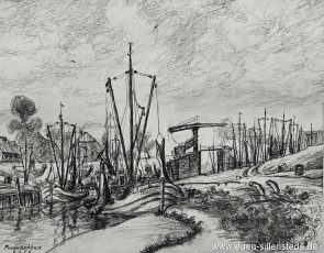 Carolinensiel, Friedrichsschleuse 1956, 1960er, 39x29 cm, Kohlezeichnung, Privatbesitz (WV-Nr. 1601)