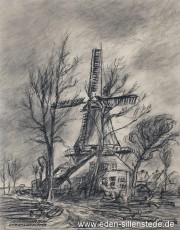 Jever, Stadt, Schlachtmühle, 1940-50er, 23x29 cm, Kohlezeichnung, Privatbesitz (WV-Nr. 1600)