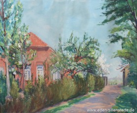 Sillenstede, Stummeldorf Haus Eggers, 1950, 35,3x29,5 cm, Tempera, Privatbesitz (WV-Nr. 1607)
