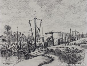 Carolinensiel, Friedrichsschleuse 1956, um 1969, 38x29,5 cm, Kohlezeichnung, Privatbesitz (WV-Nr. 1612)