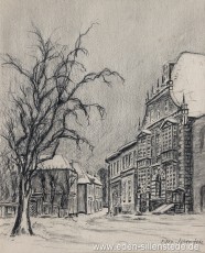 Jever, Stadt, Am Kirchplatz, Rathaus, 1950er, 27,3x36 cm, Kohlezeichnung, Privatbesitz (WWV-Nr. 1647)