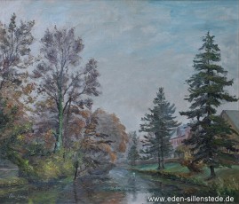 Jever, Stadt, Schlosspark, Schlossgraben, 1950er, 70,5x60,5 cm, Öl auf Leinwand, Privatbesitz (WV-Nr. 1651)