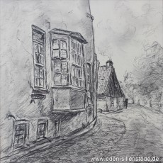 Jever, Stadt, Am Wall, 1950er, 20,5x21 cm, Kohlezeichnung, Privatbesitz (WV-Nr. 1660)