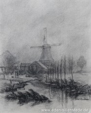 Jever, Stadt, Schlachtmühle im Nebel, 1955, 25,6x29 cm, Kohlezeichnung, Besitz Schlossmuseum Jever (WV-Nr. 1661)