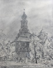 Jever, Stadt, Schloss im Nebel, 1940er, 20,5x26 cm, Bleistiftzeichnung, Privatbesitz (WV-Nr. 1659)