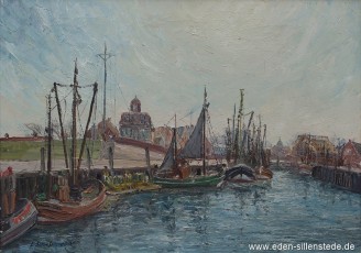 Neuharlingersiel, Hafen, 1960er, 70x50,2 cm, Öl auf Leinwand, Privatbesitz (WV-Nr. 1672)