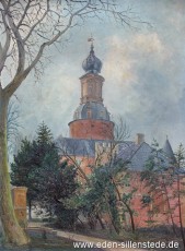 Jever, Stadt, Schloss mit Brunnen und Torhaus, 1936, 50x70 cm, Öl auf Leinwand auf Holz, Privatbesitz (WV-Nr. 1676)