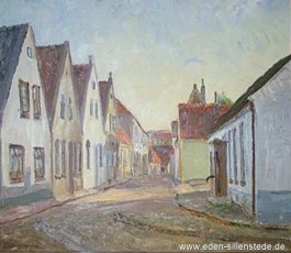 Jever, Stadt, Drostenstraße, 1970, 60x49 cm, Öl auf Leinwand, Besitz Schlossmuseum Jever (WV-Nr. 1684)