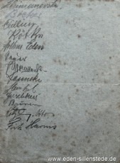 Glückwunschkarte für Heinrich Fahnster, Signaturen, 1945, 11,4x15 cm, Bleistift auf Papier, Privatbesitz (WV-Nr. 1698a)