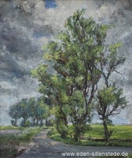 Purkswarfe, Bäume am Straßenrand, um 1970, 64,1x76,8 cm, Öl auf Leinwand, Besitz Schlossmuseum Jever (WV-Nr. 1703)