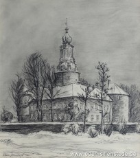 Jever, Stadt, Schloss, 1950er, 29,5x32,5 cm, Kohlezeichnung, Privatbesitz (WV-Nr. 1716)