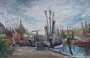 Carolinensiel, Friedrichsschleuse, 1955, 76,2x50 cm, Öl auf Leinwand, Privatbesitz (WV-Nr. 1727)