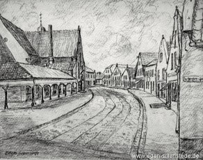 Jever, Stadt, Neuermarkt, 1926, 30x25 cm, Kohlezeichnung, Privatbesitz (WV-Nr. 1733)