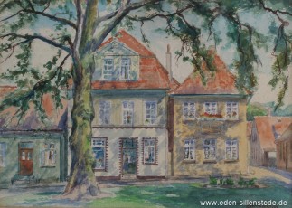 Jever, Stadt, Am Kirchplatz, Provinzialschule, 1950er, 31x22 cm, Aquarell, Privatbesitz (WV-Nr. 1745)