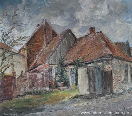 Jever, Stadt, Hinterhäuser der Drostenachse, 1969, 66,3x50,5 cm, Öl auf Leinwand, Privatbesitz (WV-Nr. 1755)