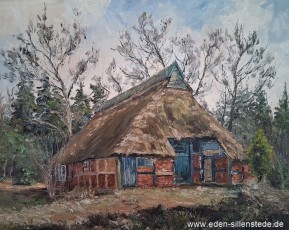 Unbekannter Ort, Reetdachhaus, 1970, Öl auf Leinwand, Privatbesitz (WV-Nr. 1765)