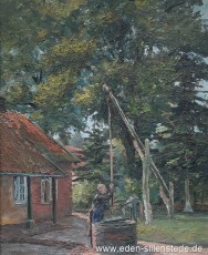 Barkel, Oma Claaßen am Ziehbrunnen, um 1950, 40x49 cm, Öl auf Leinwand, Privatbesitz (WV-Nr. 1782)