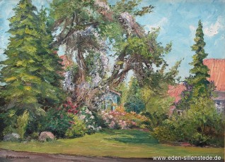 Jever, Stadt, Haaks Garten mit Laube, 1960er, 68,5x50 cm, Öl auf Leinwand, Privatbesitz (WV-Nr. 1778)