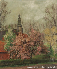 Accum, Kirche mit blühendem Obstbaum, 1950er, 31,7x38,8 cm, Tempera, Besitz Schlossmuseum Jever (WV-Nr. 811)