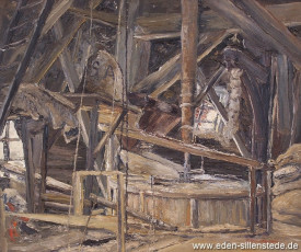 Accum, Mühle, Im Inneren der Mühle, 1950er, 52,8x44,1 cm, Öl auf Leinwand, Besitz Landkreis Friesland (WV-Nr. 579)