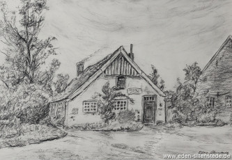 Alter Krug, Gasthof, 1960-70er, 29x21cm, Kohlezeichnung, Privatbesitz (WV-Nr. 1096)