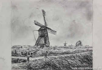 Aurich, Mühle Riepsterhammrich, 1950er, 23,5x20,5 cm, Kohlezeichnung, Nachlass Arthur Eden (WV-Nr. 299)