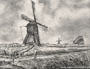 Aurich, Mühle Riepsterhammrich, 1950er, 23,5x20,5 cm, Kohlezeichnung, Privatbesitz (WV-Nr. 1439)