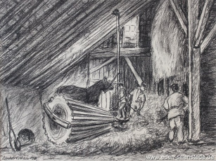 Benlefstede, Blockdreschen, 1928, 35x26,5 cm, Kohlezeichnung, Privatbesitz (WV-Nr. 1169)