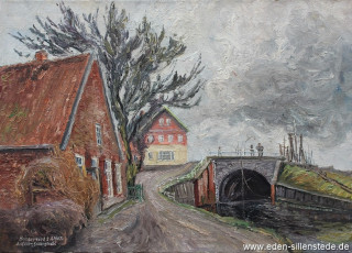 Bensersiel, Häuser am Siel, 1965, 70,5x50,5 cm, Öl auf Leinwand, Nachlass Arthur Eden (WV-Nr. 109)
