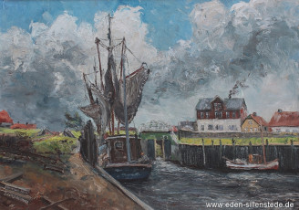 Bensersiel, Im Hafen, 1964, 70x50 cm, Öl auf Leinwand, Privatbesitz (WV-Nr. 470)